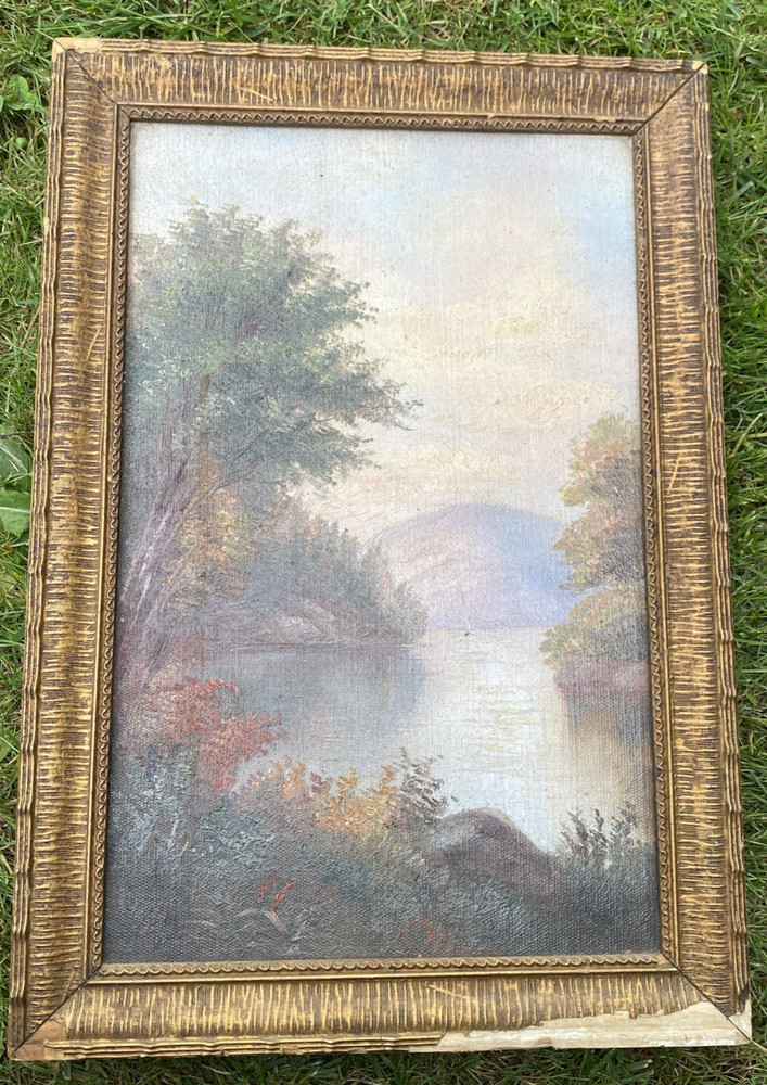 Antique Original Oil Painting Landscape Frame – Mountains, Trees