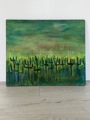 Vintage Painting Wall Decor, Saguaro Cactus Green Desert, Southwest Western Art