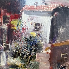 80s VTG Original Local Artist Signed Framed Painting of Charming Spanish Village