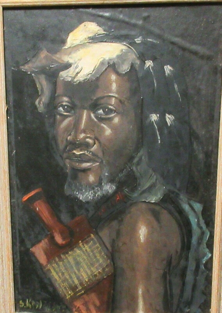 S.KONZABI ORIGINAL OIL ON BOARD AFRICAN MAN PAINTING SIGNED