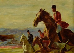 19th c. After Leszek Piasecki, antique oil painting „Hunters at Full Gallop.