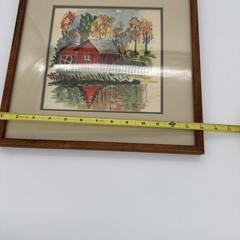 Original Vintage Watercolor Painting Red Grist Mill Autumn Landscape Signed 1972