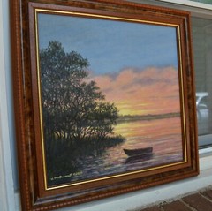 ASHORE AT DUSK – 15X15 inch original framed oil painting by K. McDermott