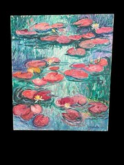 Vintage Impasto Impressionist Oil Painting Pink Water Lillies Signed 1987 24×28