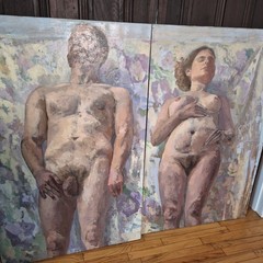 2 Original Contemporary Figurative Matching Oil Paintings Unsigned Nude Couple