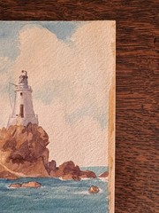 Antique 19th Century Watercolor Painting Lighthouse II Scotland Edith Bell 7×10