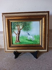 Vintage Signed & Framed Don Mingolla Horse & Tree Enamel On Copper Painting
