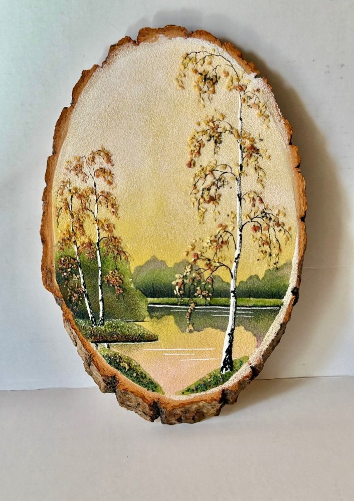 Woodcut Painting Sand Wall Art Plaque 12 Inches with White Birch Trees Lot 2