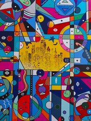 abstract pop art acrylic painting of Austin, Texas. Bats at night.