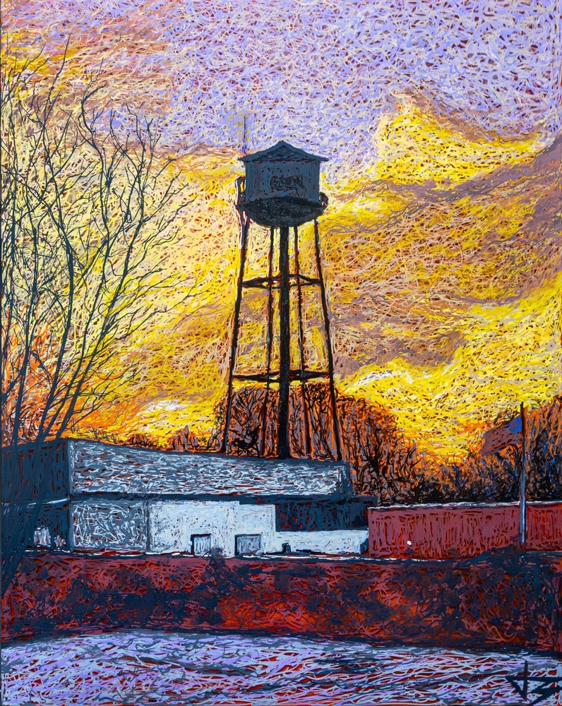 Water Tower 11×14 Framed Original Oil Painting on Acrylics by Artist Blanksy