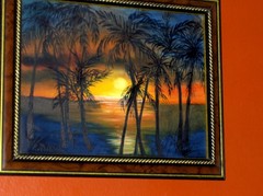 Lake Landscape Sunset Reflections Sea shore Palm Trees by Water Oil Painting