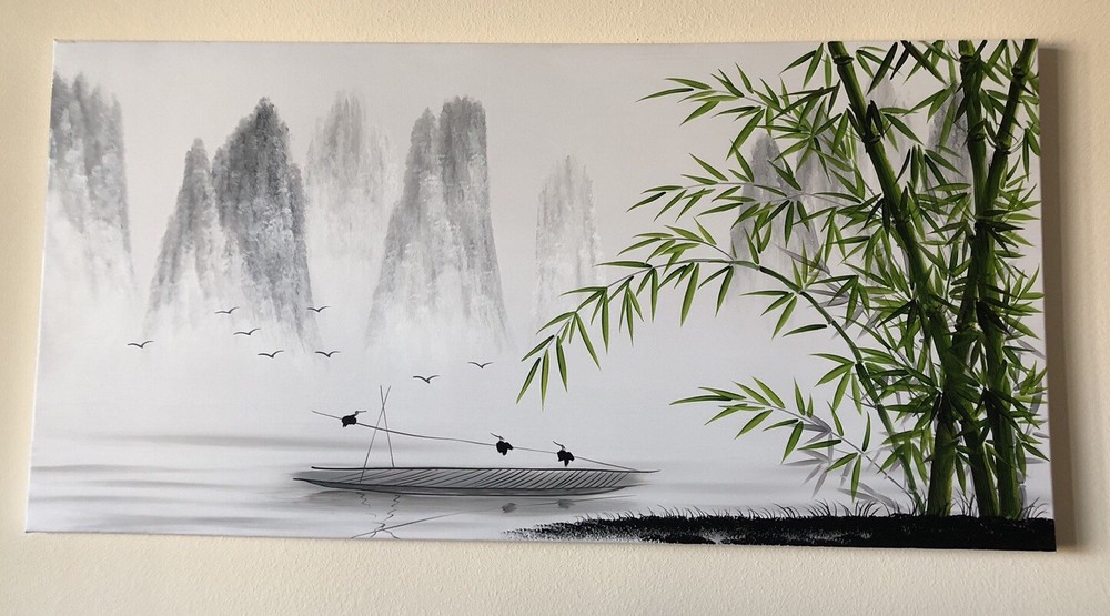 Asian Minimalist Mountain, Bamboo, & Water Painting Black, White, And Green