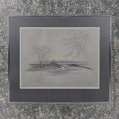 Vtg 1992 Signed R. Krause Pen & Ink Colored Pencil Art Drawing Metal Framed