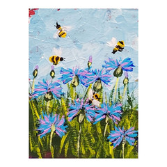 ACEO Cornflowers 1 Honey Bee Original Painting Wildflower Bumblebee Handmade Art
