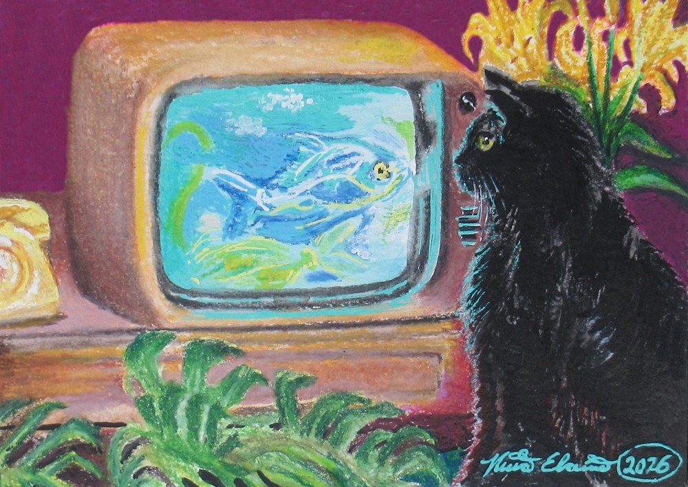 Original artwork, Black Cat, 5×7 inch mixed media art, cats and animals