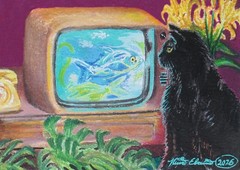 Original artwork, Black Cat, 5×7 inch mixed media art, cats and animals