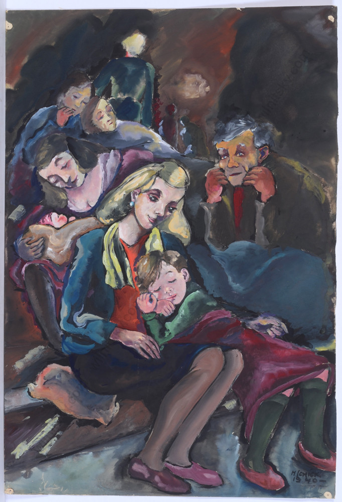Hedi Schick „London 1940 /in air-raid shelter“, large watercolor, 1940s