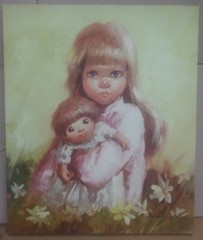 VINTAGE BIG EYES GIRL WITH DOLL PAINTING SIGNED F DRESSEN 20 X 23 7/8 INCHES