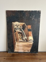 Vintage Oil Board Vanitas Still Life Memento Mori Skull Grays Anatomy Painting