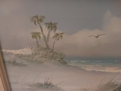 Vintage Nautical Beach Oil Painting Palms Seagulls Signed HILL 15.25″ X 13.25″