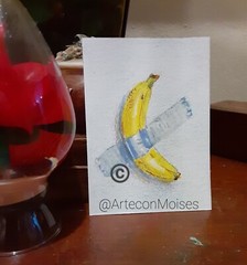ACEO CARD TAPED BANANA ON THE WALL WATERCOLOR ART ORIGiNAL Yellow Taped Banana