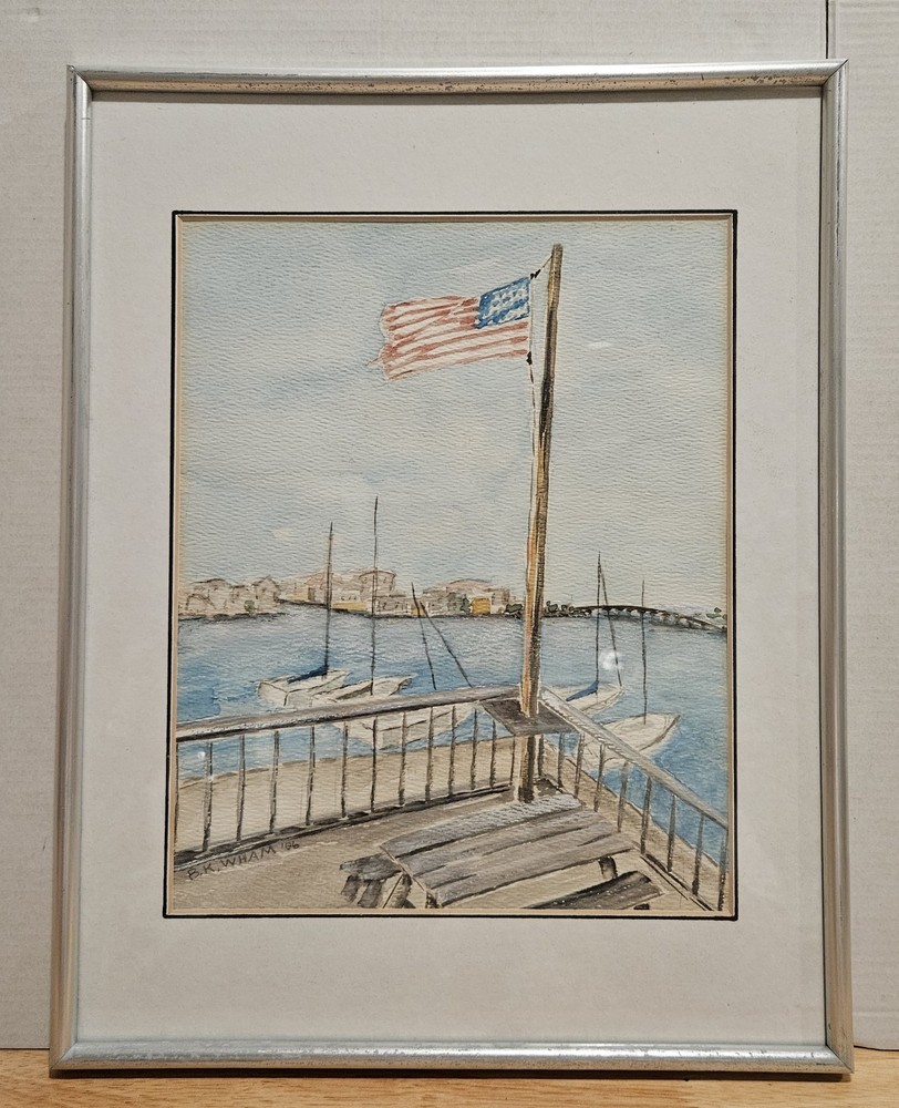 VTG Signed Original Watercolor Coastal Town w/ Boats Flag Framed Beach Patriotic
