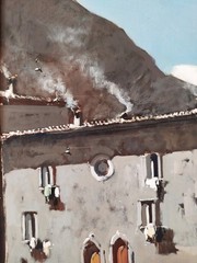 Snowfall in an Old Italian Village Winter Landscape Vintage Oil Painting signed