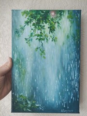 Minimalist Oil Painting on Canvas Rainy Nature Wall Art Green Leaves Modern