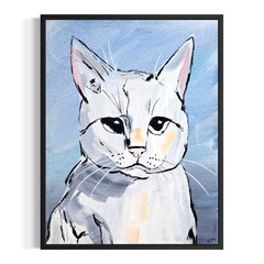 Original Abstract 11×14 Cat Portrait Acrylic Painting Blue Wall Art Home Decor