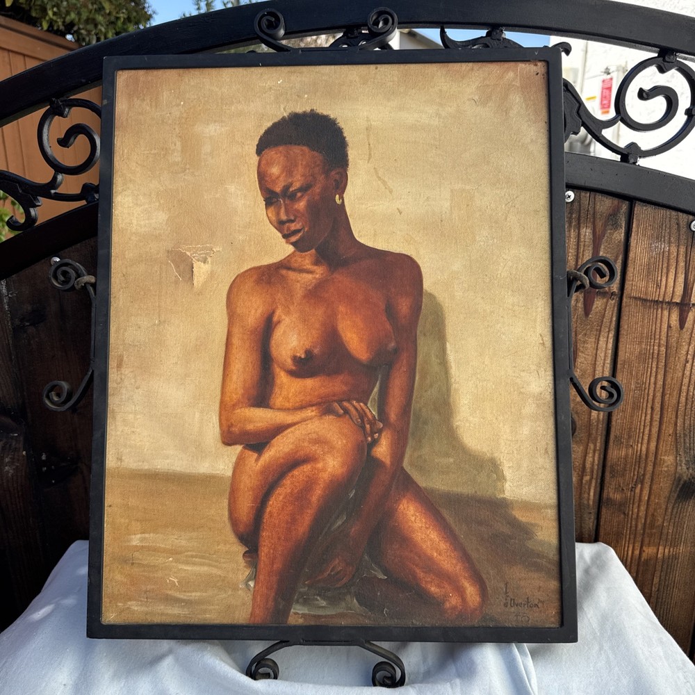 Vintage 1948 Edmund Brucker? Signed Portrait of Nude African Lady in Metal Frame