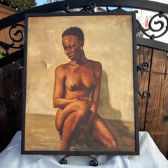 Vintage 1948 Edmund Brucker? Signed Portrait of Nude African Lady in Metal Frame