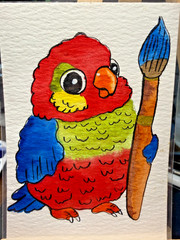 ACEO Original OOAK Signed (Not a Print) „feathered Artist“ Painter Parrot Cute