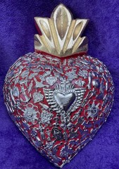 Mexican Fine Folk Art Wooden Flaming Heart Slathered In Milagros Of All Kinds