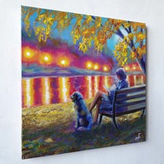 Original Acrylic Landscape Painting Lake Impressionist Woman Dog Wall Art Decor