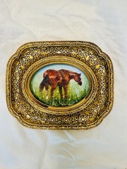 Tiny Horse Oil Painting: Ornate Framed Country Wall Art
