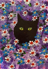 Original Painting 5×7″ black Cat Flowers purple white by Lynne Kohler