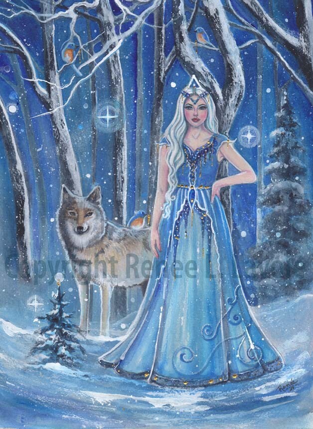 Wolf and winter queen acrylic and ink original 9x12inches RENEE L LAVOIE