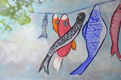 Japanese Festival Art Original Landscape Carp Streamers Koinobori Oil Painting