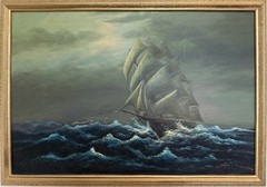 Large Vintage Nautical Oil Painting Signed Dramatic Sailing Ship Seascape