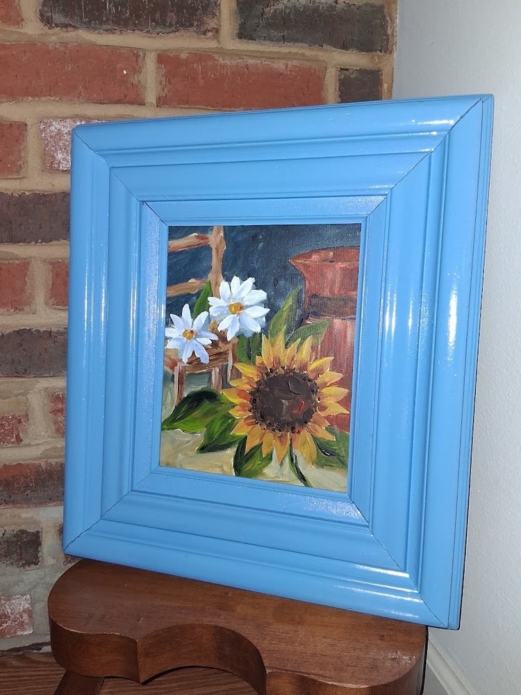 Sunflower flowers Oil &Acrylic Painting Vtg wood frame 18″x16″ shabby chic OOAK