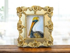 American Pelican watercolor print in mini gold vintage style ornate frame