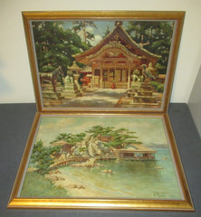 2 OIL ON BOARD PAINTINGS JAPANESE TEMPLE/SHRINE SIGNED M RADIK 1935