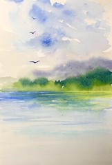 Original Watercolour Painting, Lake Landscape with Mountains, Wall Art Gift Idea