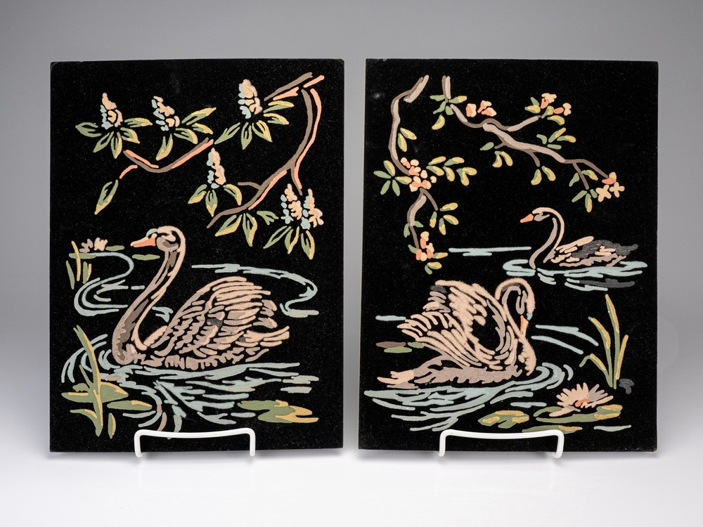 Pair of Unframed Vintage Paint By Number Velvet Board Painting Swans in Lake PBN