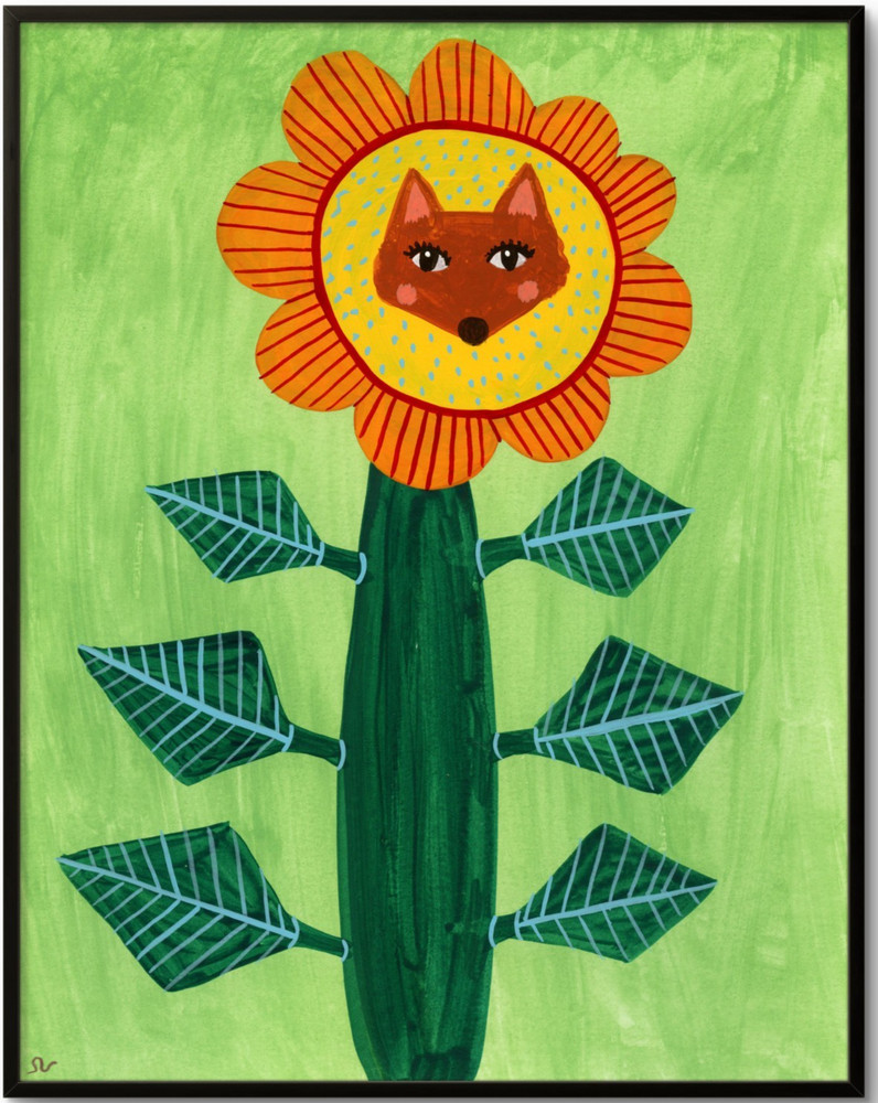 Red Fox Flower Painting, Fantasy Animal Art 8×10