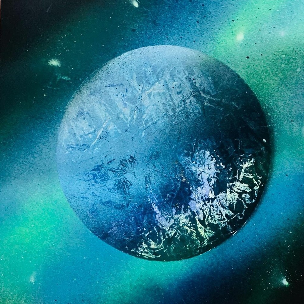 Azure Serenity- Handcrafted Spray Painted Planet Art on Paper