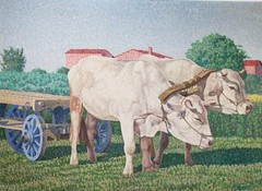 SANTE BIDOLI Pointillist Acrylic ‘Two Oxen’ Painting Italian Masterpiece c.1940s