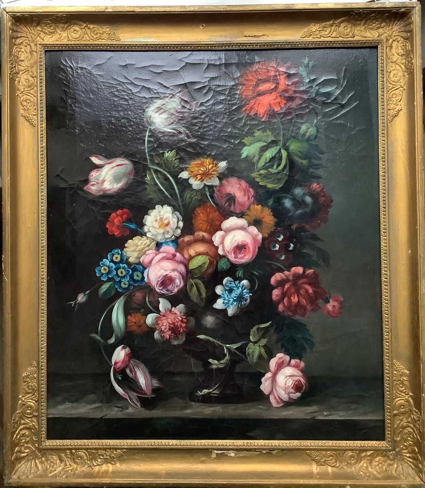 19th – Oil Canvas Painting – Dutch Bouquet of Flowers in a Vase Roses Tulips