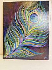 Orginal Hand-Painted Peacock Feather on Canvas Signed Drea