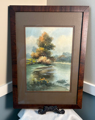 Antique Original Art Watercolor Wood Framed Landscape Water Trees Picture 14×20″